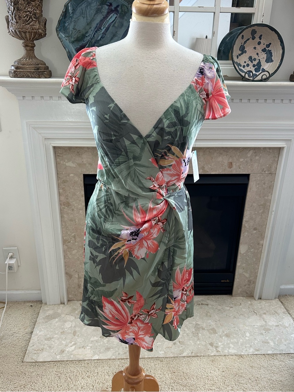 Guess Hawaiian Floral Olivia Faux Wrap Mini Dress